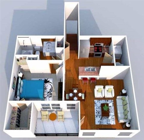 A 3D floor plan of a small apartment with a kitchen, living room, and bedroom.